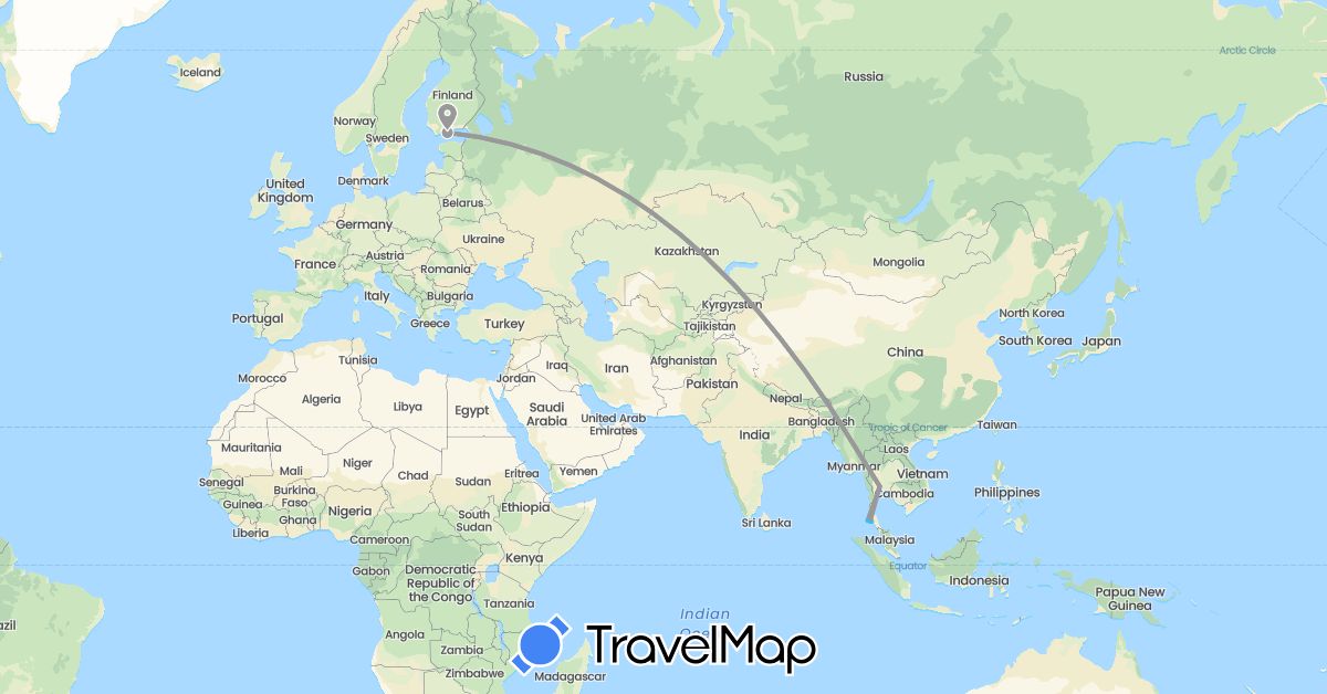 TravelMap itinerary: plane, boat in Finland, Thailand (Asia, Europe)